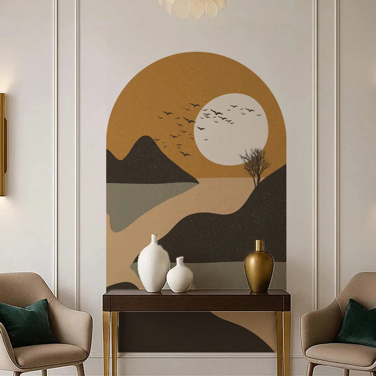 Rustic River Sunset Wall Mural – Mountain Landscape Archway Wall Decal Self-Adhesive Wall Art for Lounge & Living Spaces