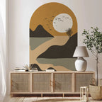 Rustic River Sunset Wall Mural – Mountain Landscape Archway Wall Decal Self-Adhesive Wall Art for Lounge & Living Spaces