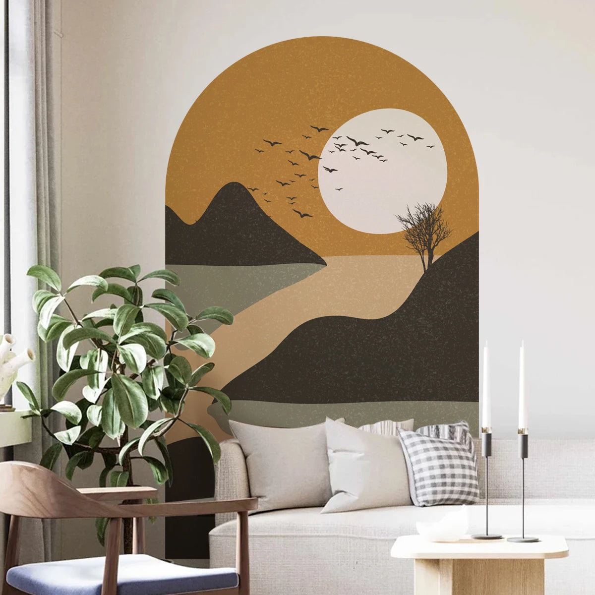 Rustic River Sunset Wall Mural – Mountain Landscape Archway Wall Decal Self-Adhesive Wall Art for Lounge & Living Spaces