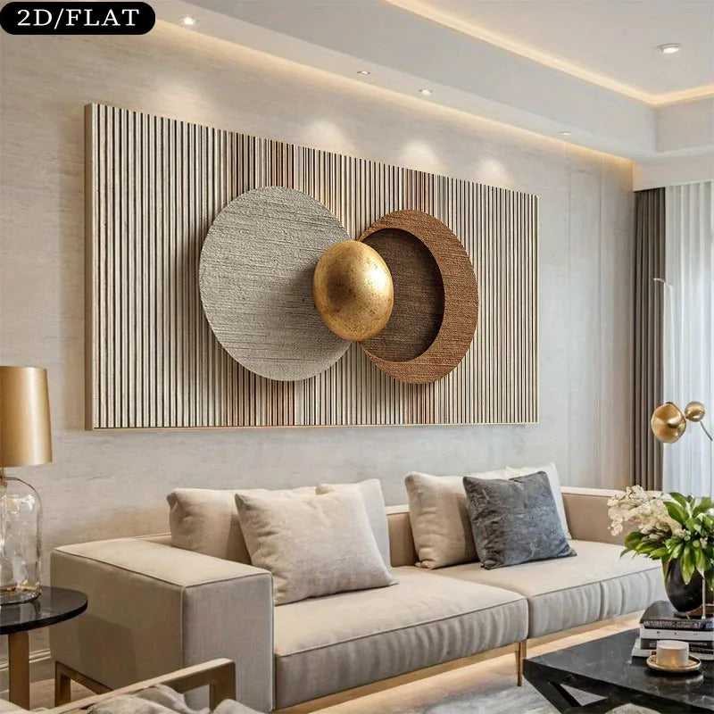 Modern living room with a large abstract wall art piece.