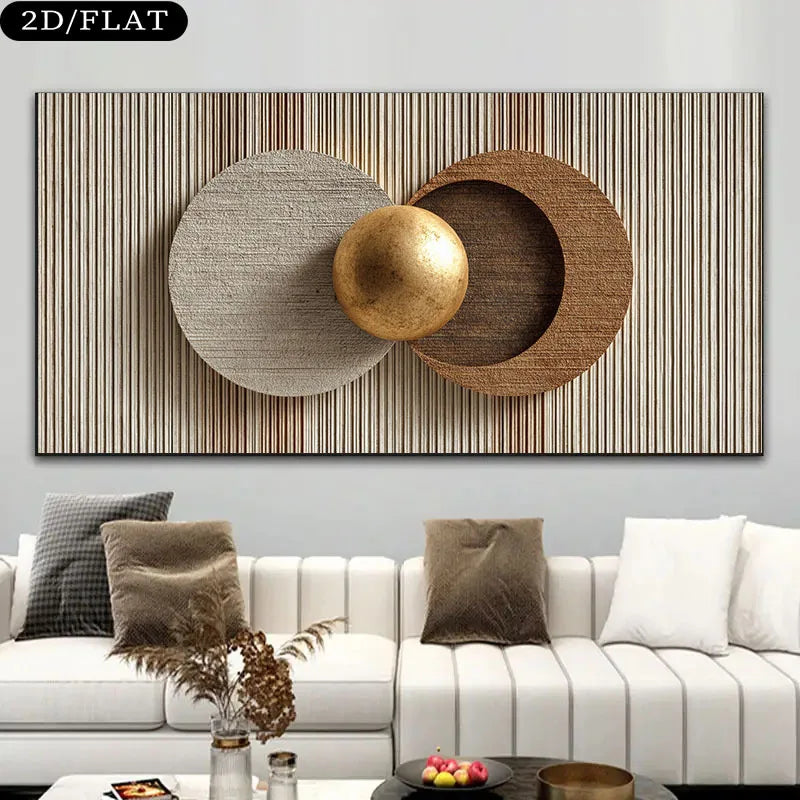 Decorative wall art with geometric shapes in a living room setting