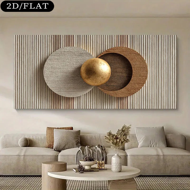 Decorative wall art with geometric shapes in a living room setting