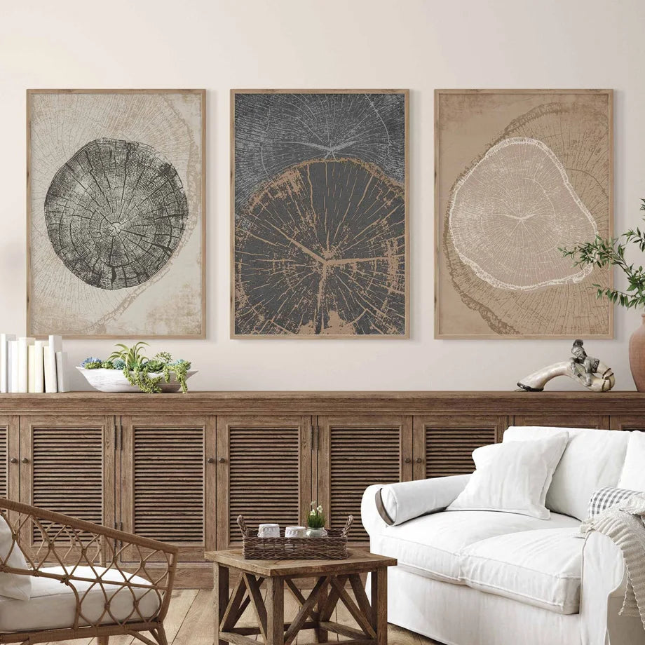 Rustic Tree Rings Abstract Nordic Wall Art Fine Art Canvas Prints Neutral Tones Beige/Gray/Black Wood Pictures For Living Room Dining Room Art Decor