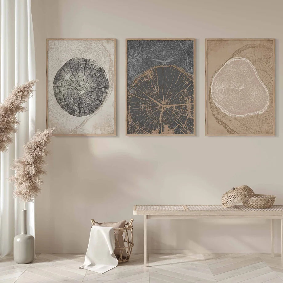 Rustic Tree Rings Abstract Nordic Wall Art Fine Art Canvas Prints Neutral Tones Beige/Gray/Black Wood Pictures For Living Room Dining Room Art Decor 2025