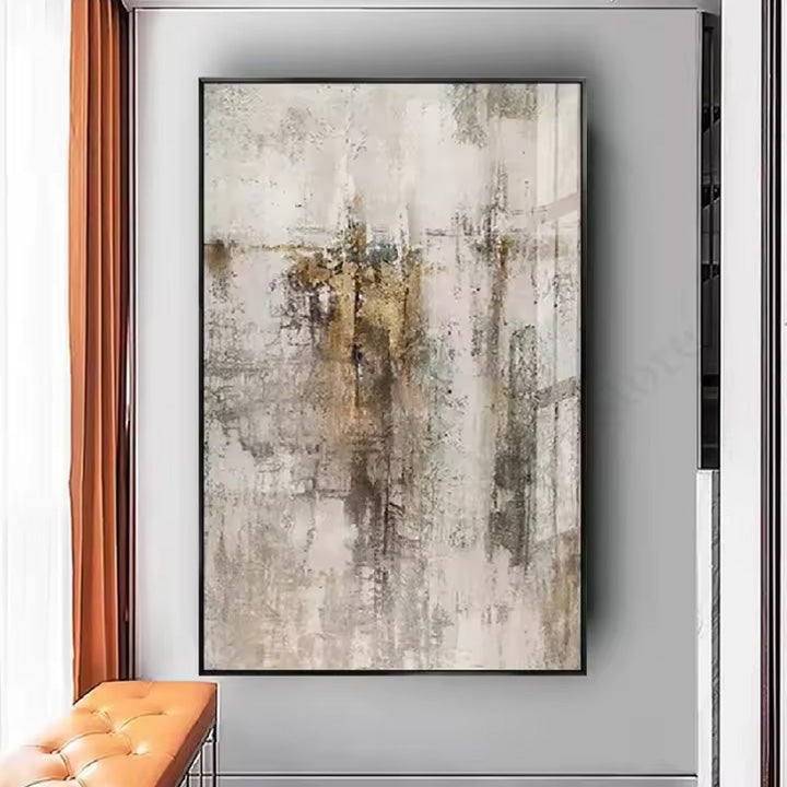 Abstract art painting in a modern interior setting with a chair.