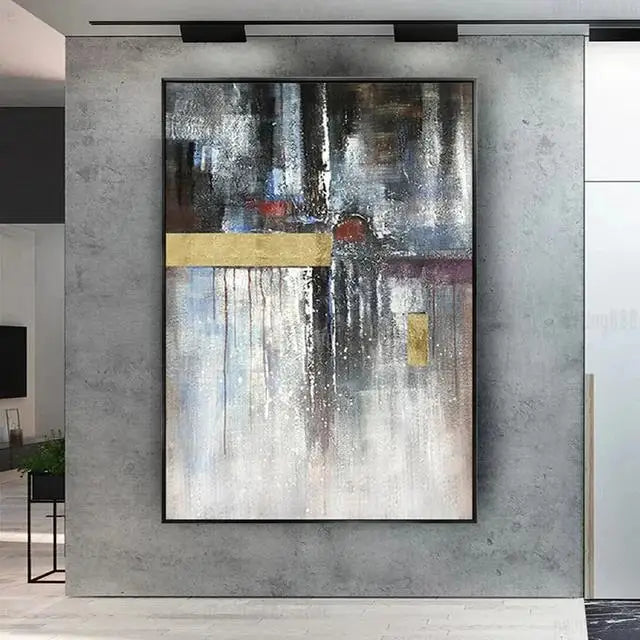 Abstract painting on a gray wall in a modern interior setting