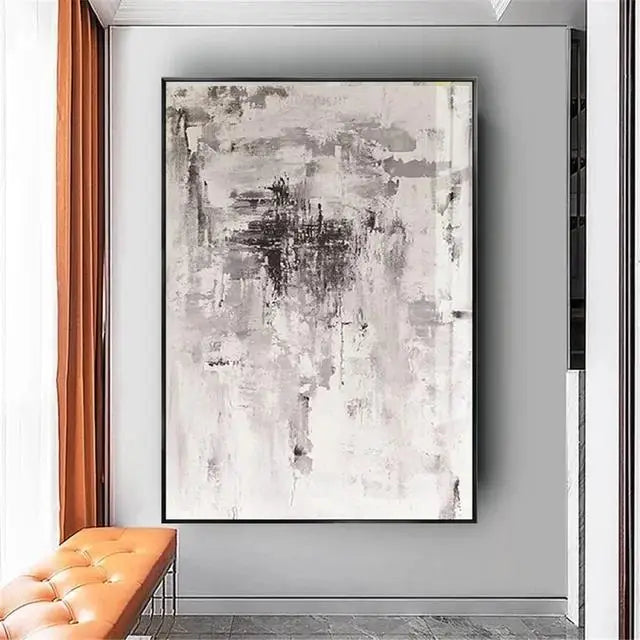 Abstract art painting in a modern interior setting with a bench.