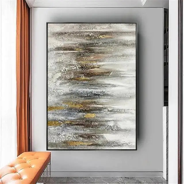 Abstract painting with horizontal brushstrokes in neutral colors on a wall.