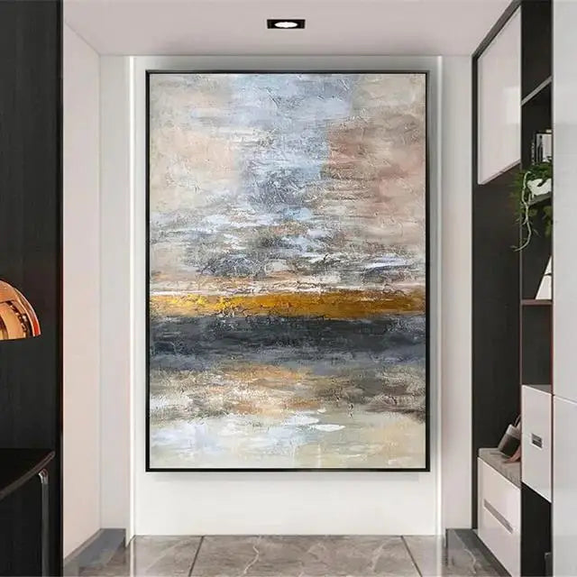 Abstract painting in a modern interior setting with black frame