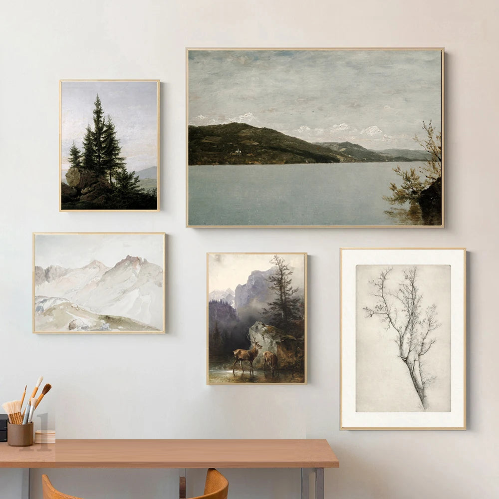Rustic Vintage Oil Painting Mountain Forest Landscape Wall Art Fine Art Canvas Prints Gallery Wall Pictures For Living Room Dining Room Art Decoration