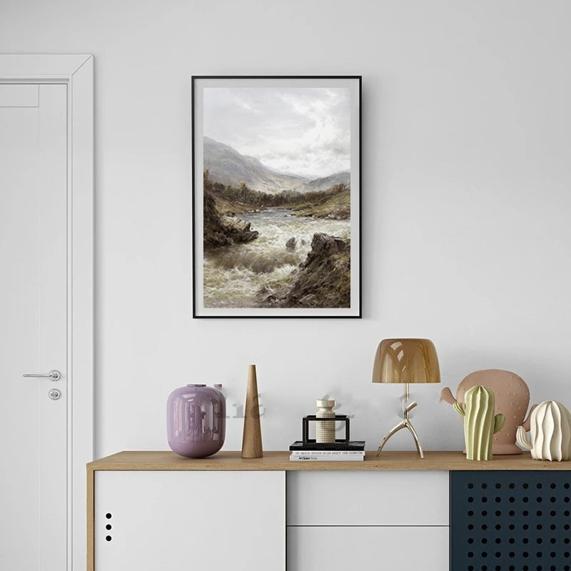 Rustic Vintage Oil Painting Mountain Forest Landscape Wall Art Fine Art Canvas Prints Gallery Wall Pictures For Living Room Dining Room Art Decoration