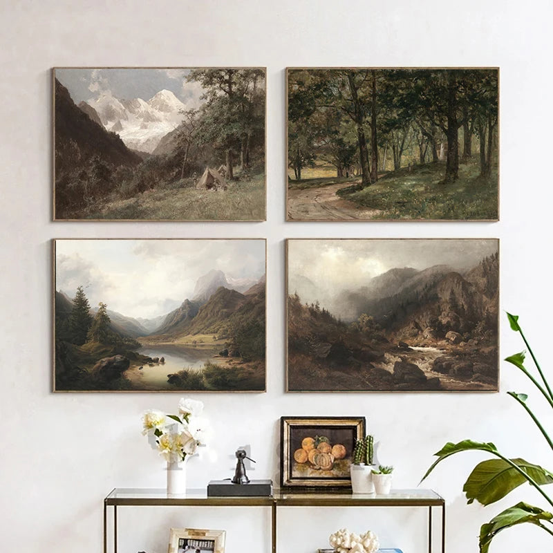 Rustic Vintage Oil Painting Mountain Forest Landscape Wall Art Fine Art Canvas Prints Gallery Wall Pictures For Living Room Dining Room Art Decoration