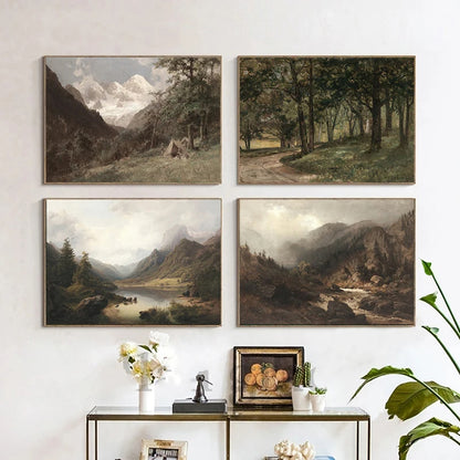 Rustic Vintage Oil Painting Mountain Forest Landscape Wall Art Fine Art Canvas Prints Gallery Wall Pictures For Living Room Dining Room Art Decoration
