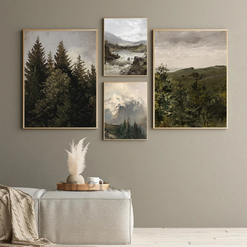 Rustic Vintage Oil Painting Mountain Forest Landscape Wall Art Fine Art Canvas Prints Gallery Wall Pictures For Living Room Dining Room Art Decoration