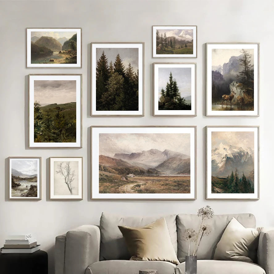 Rustic Vintage Oil Painting Mountain Forest Landscape Wall Art Fine Art Canvas Prints Gallery Wall Pictures For Living Room Dining Room Art Decoration