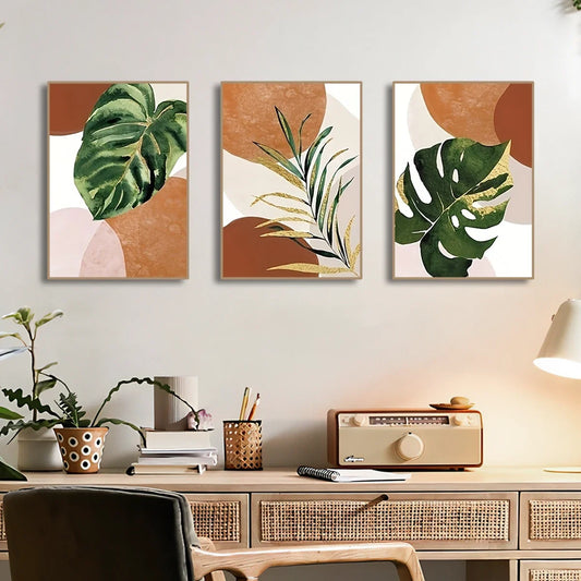 Rustic Watercolor Boho Palm Leaf Green Leaves Plants Boho Abstract Wall Art Fine Art Canvas Prints Pictures For Living Room Dining Room Art Decor