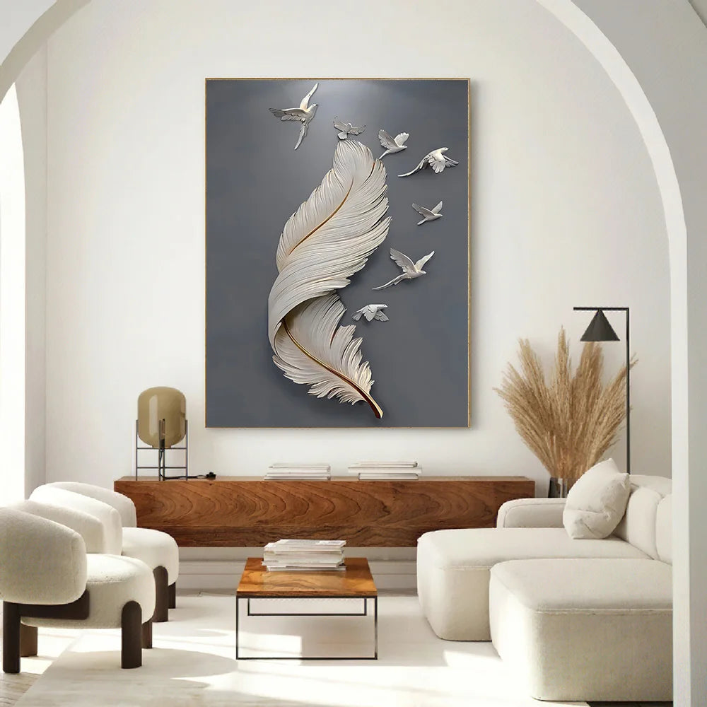 Seven Birds Feather Wall Art Fine Art Canvas Prints 3d Visualization Minimalist Abstract Pictures For Living Room Entranceway, Foyer Art Decor