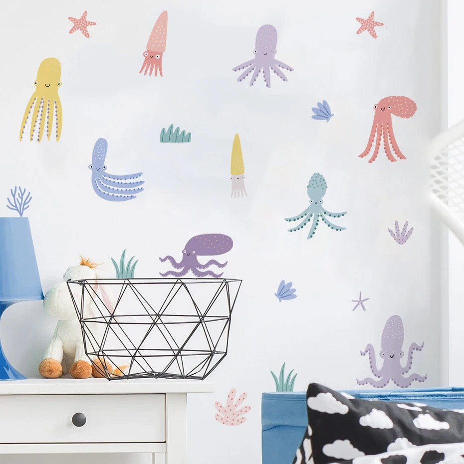 Cute Marine Animals Whale Turtle Octopus Wall Decals For Children's Nursery Room Underwater World Peel & Stick Wall Stickers For Creative DIY Home Decor