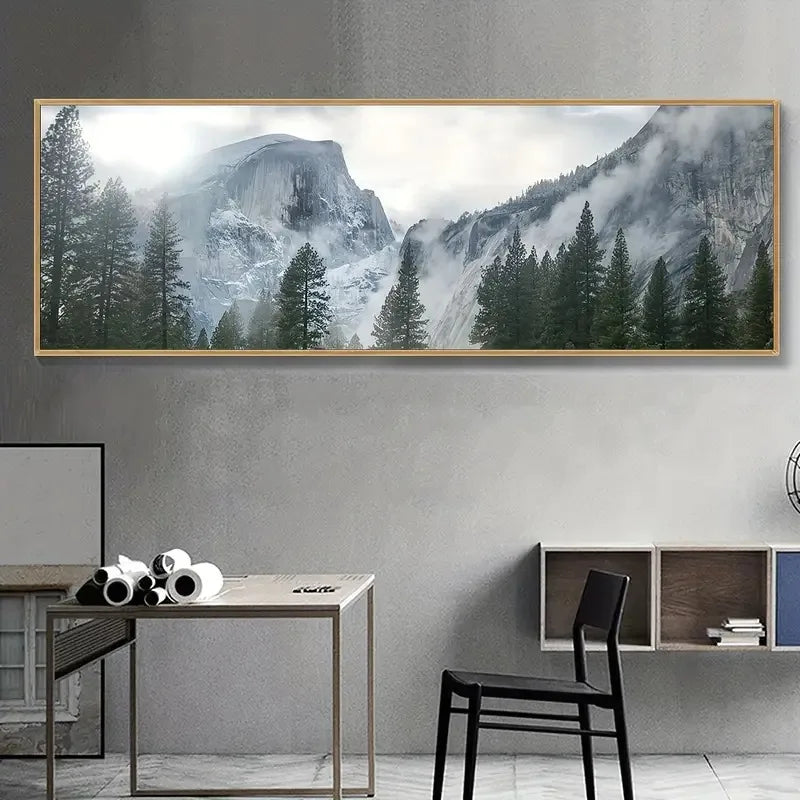 Wide Format Mountain Mist Canvas – Serene Foggy Forest Landscape Wall Art for Modern Living Room or Home Office Decor