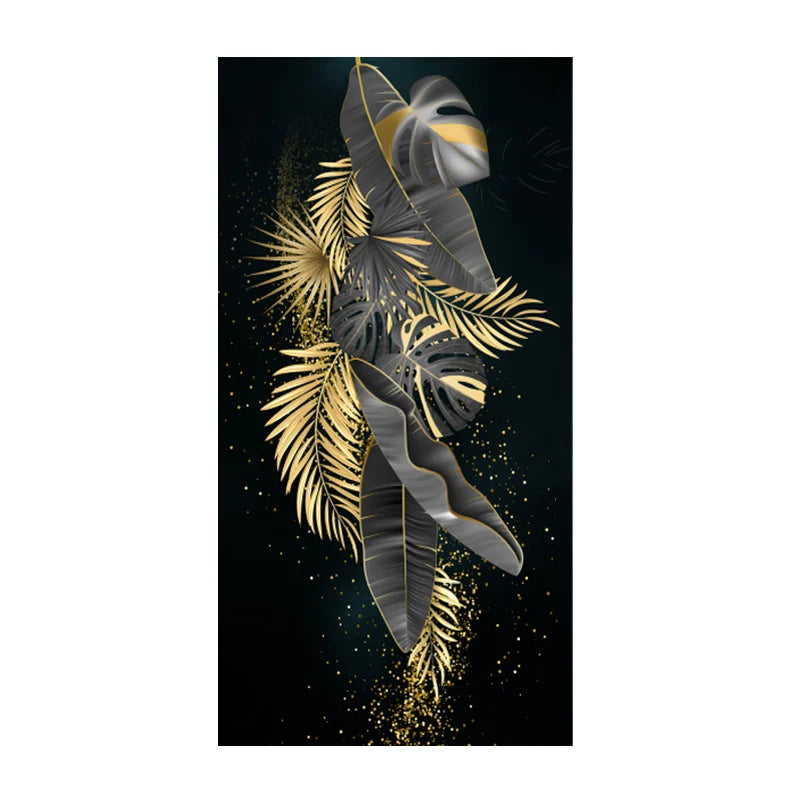 Modern Botanical Tropical Golden Leaves Wall Art Fine Art Canvas Prints Vertical Format Pictures For Living Room Lobby Foyer Reception Room Art Decor