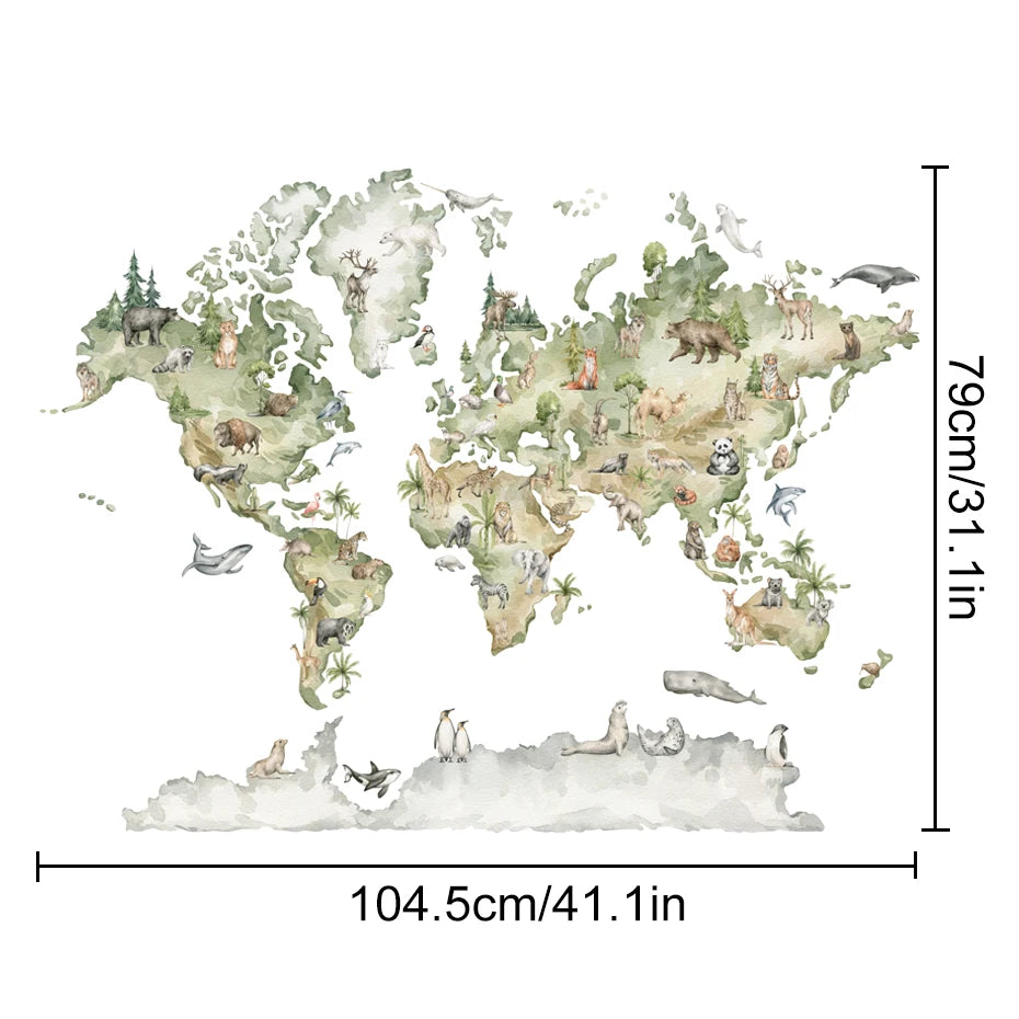 Wildlife Of The World Watercolor Map Wall Sticker For Kid's Playroom Removable PVC Wall Decal Mural For Creative DIY Children's Room Decoration