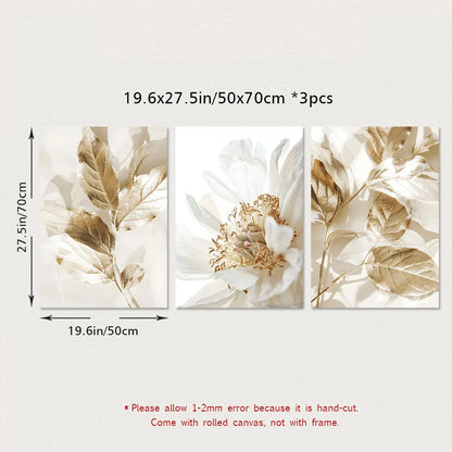 3PCS Modern White Floral Golden Leaves Posters Wall Art Canvas Painting Prints Pictures Living Room Interior Home Decoration