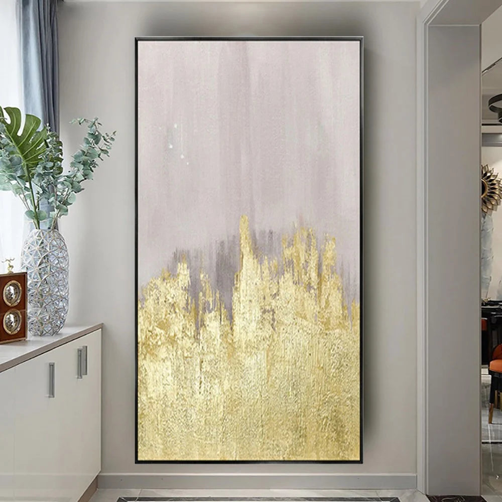 * Hand Painted * Large Format Golden Abstract Wall Art Painting Textured Brushed Strokes Acrylic Oil On Canvas Picture For Living Room Decor