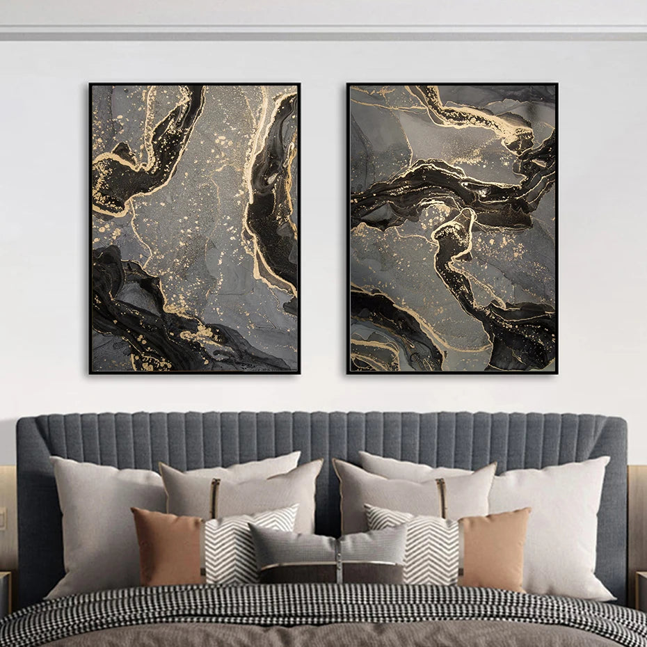 Abstract Black Gray Golden Liquid Marble Print Wall Art Fine Art Canvas Prints Pictures For Modern Apartment Living Room Home Office Decor