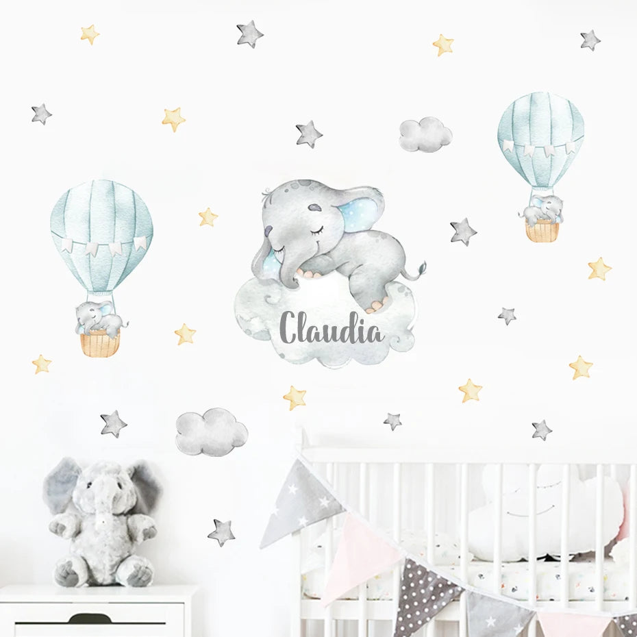 Cartoon Elephant Balloon Clouds Cute Wall Decals For Baby's Room Peel & Stick Removable Wall Stickers For Kid's Room Creative DIY Home Decor