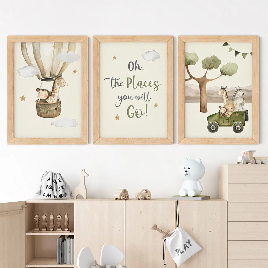 Jungle Giraffe Hot Air Balloon Nursery Wall Art Fine Art Canvas Prints Neutral Colors Posters For Kid's Room Baby's Room Wall Decoration