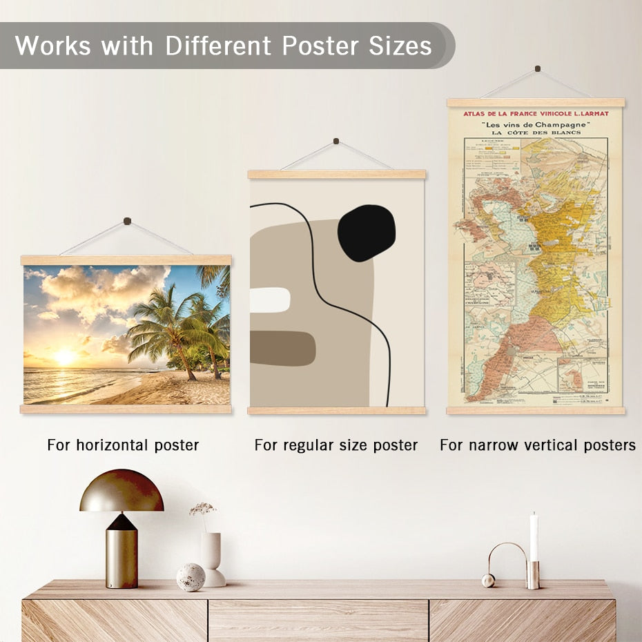 Magnetic Natural Wood Poster Hanger DIY Picture Framing Picture Scroll Frame For Hanging Canvas Prints - 4 Natural Wood Finishes