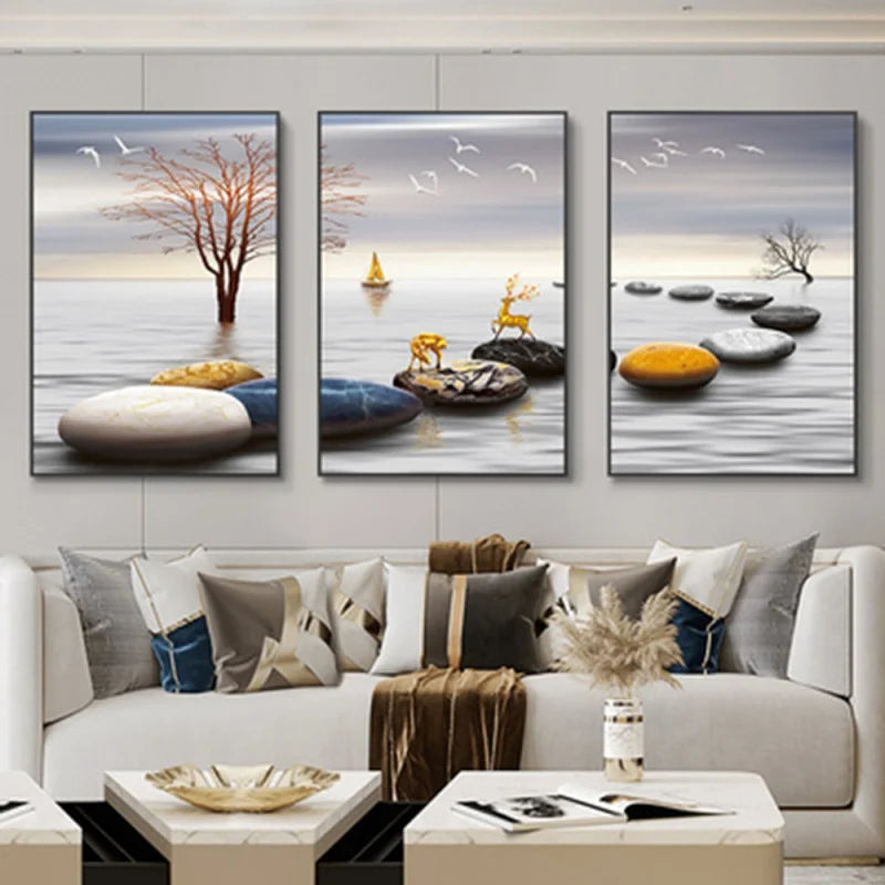 Set of 3Pcs Abstract Flowing Landscape Wall Art Fine Art Canvas Prints Auspicious Pictures For Living Room Home Office