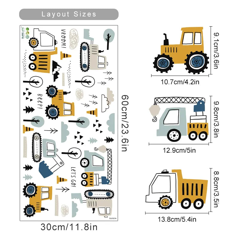 Cute Construction Tractors & Trucks Wall Stickers For Boy's Room Removable Peel & Stick Vinyl Wall Decals For Kids Bedroom Creative DIY Decor