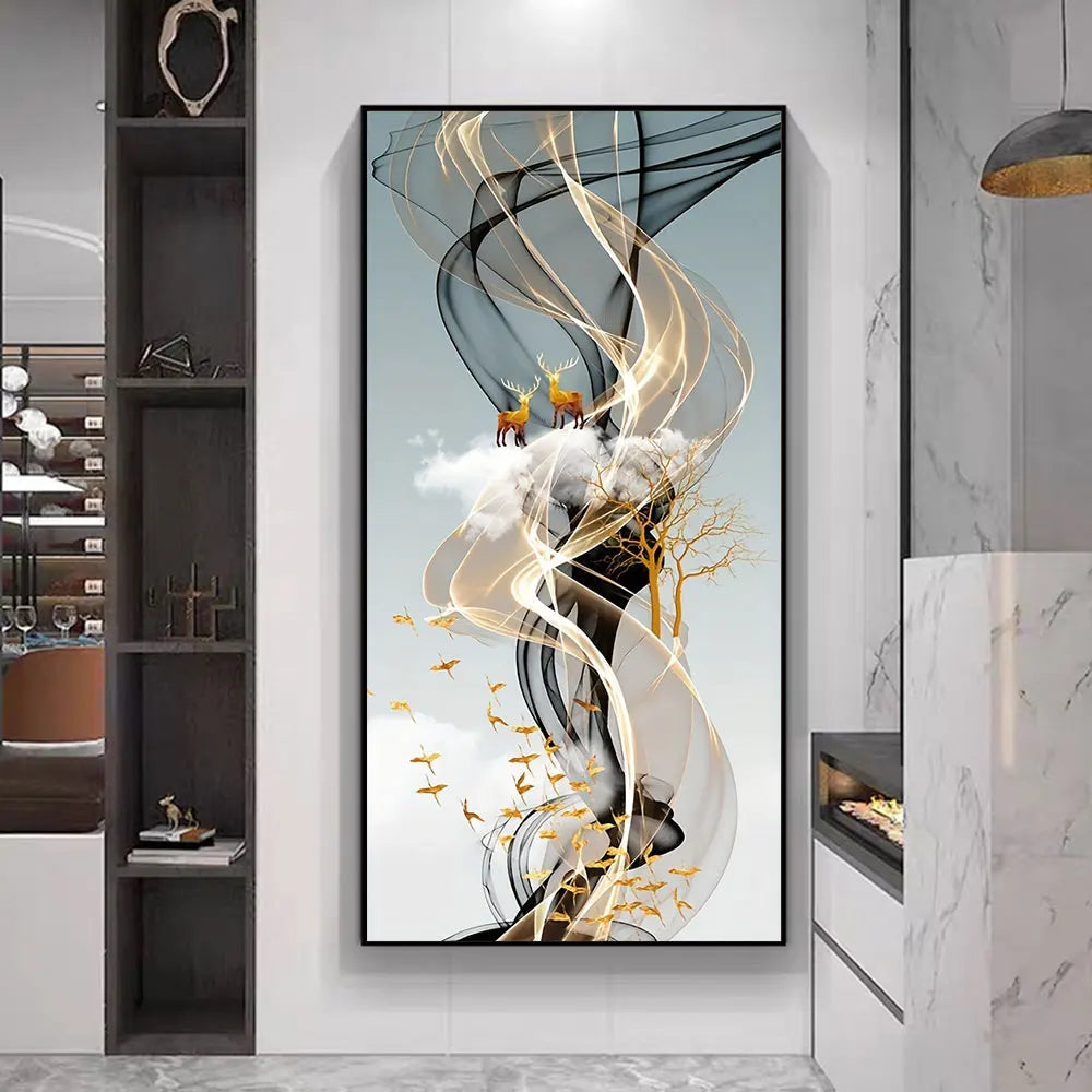 Mystical Golden Deer Flowing Landscape Wall Art Fine Art Canvas Prints Vertical Format Auspicious Nordic Pictures For Entrance Hall Decor