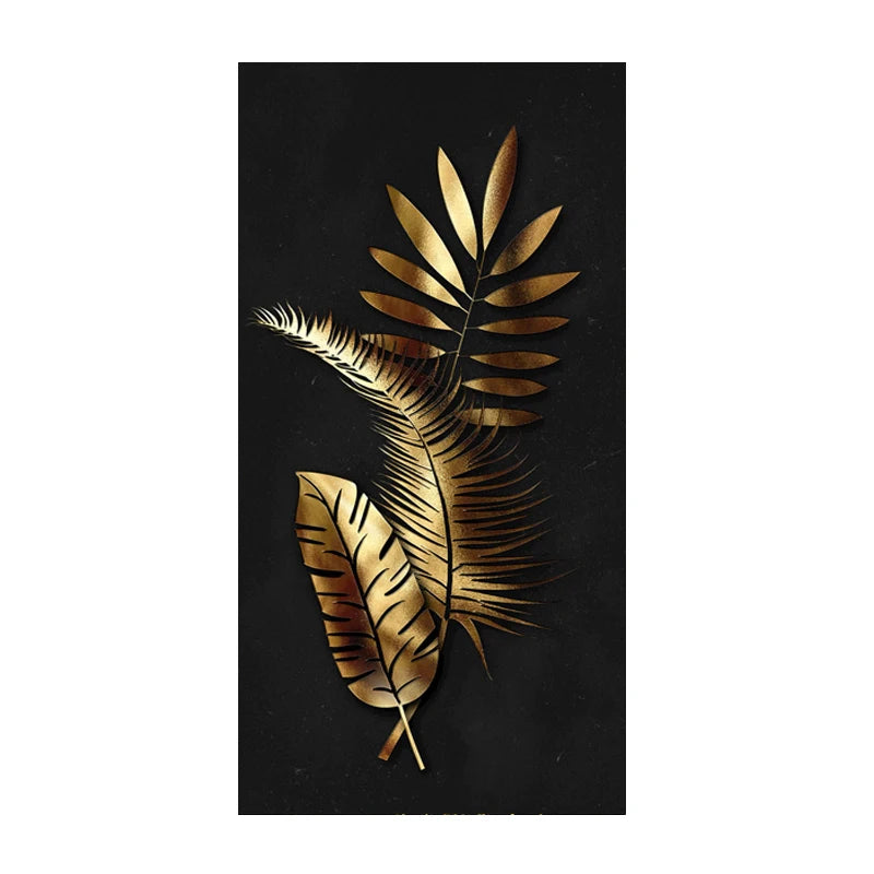 Modern Botanical Tropical Golden Leaves Wall Art Fine Art Canvas Prints Vertical Format Pictures For Living Room Lobby Foyer Reception Room Art Decor