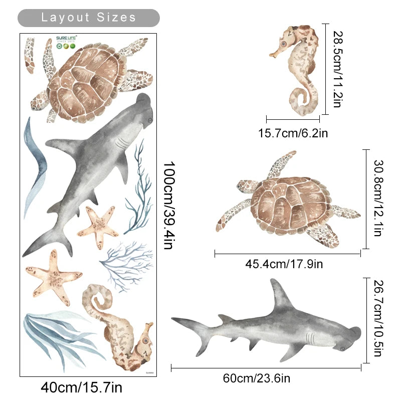 Sea Horse Turtle Whale Wall Ocean Animals Decals Removable PVC Vinyl Wall Sticker For Children's Nursery Room Kid's Playroom Creative Decor