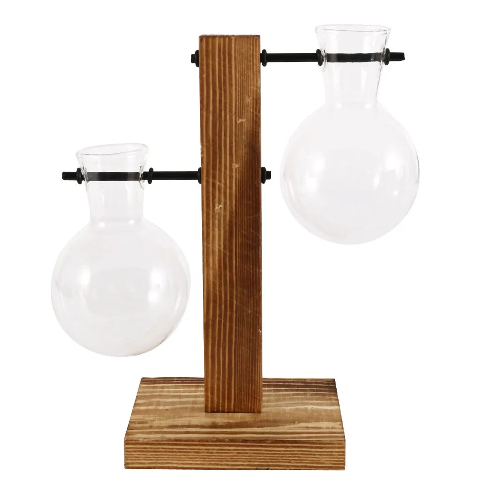 Creative Glass Desktop Planter Bulb Vase Wooden Stand Hydroponic Plant Container Home Tabletop Decor Vases