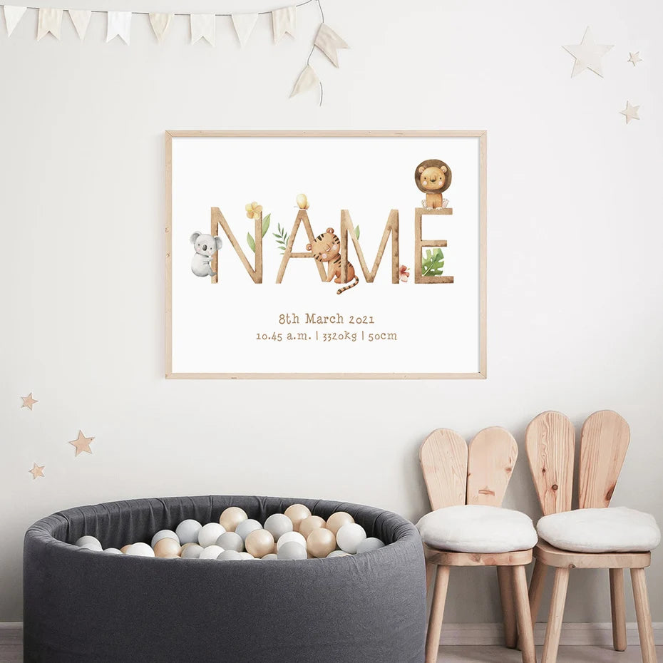 Personalized Baby's Name Poster Wall Art Fine Art Canvas Prints Cute Picture For Children's Nursery Room Baby's Room Kid's Room Signage Decor