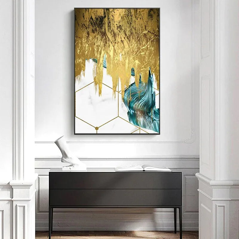 Abstract Liquid Golden Aqua Marble Wall Art Fine Art Canvas Prints Pictures For Living Dining Room Nordic Art For Modern Apartment