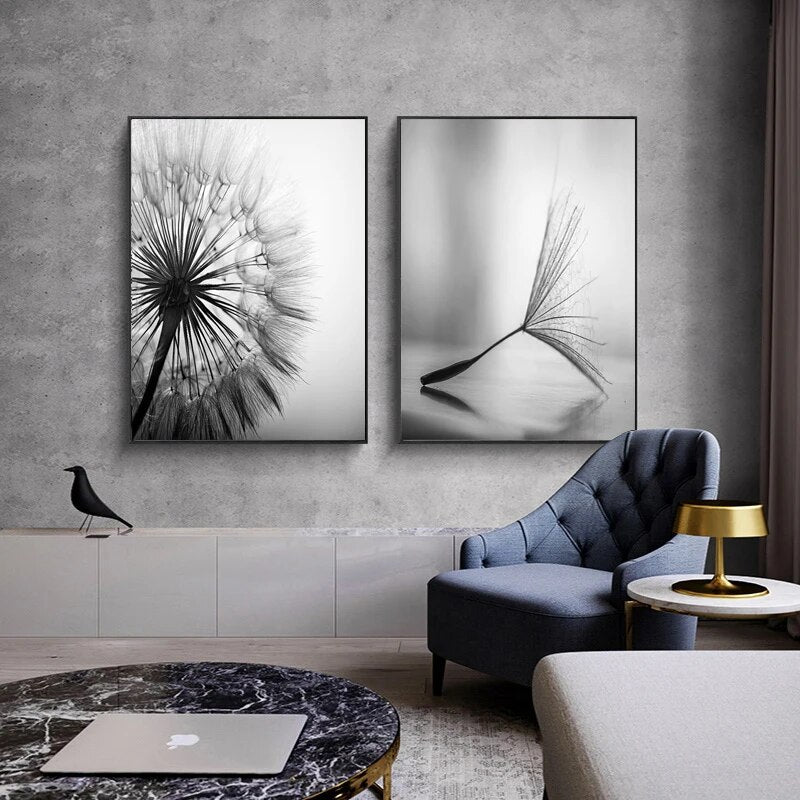 Minimalist Dandelion Wisps Wall Art Fine Art Canvas Prints Modern Black & White Posters For Living Room Bedroom Home Office Study