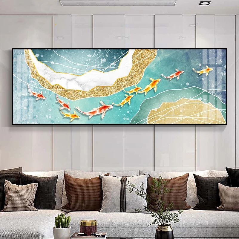 Auspicious Feng Shui Abstract Golden Fish Wall Art Fine Art Canvas Prints Wide Format Pictures For Living Room Above The Sofa Art For Above The Bed