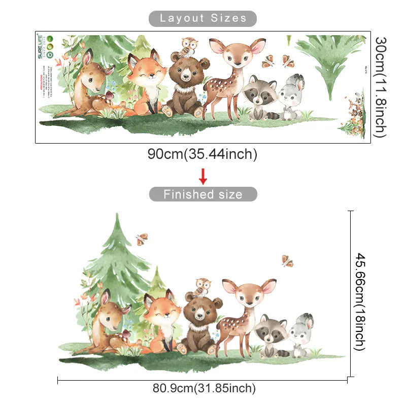 Cute Woodland Animals Wall Stickers For Children's Nursery Room Removable Peel & Stick PVC Wall Decals For Creative DIY Kid's Room Decor