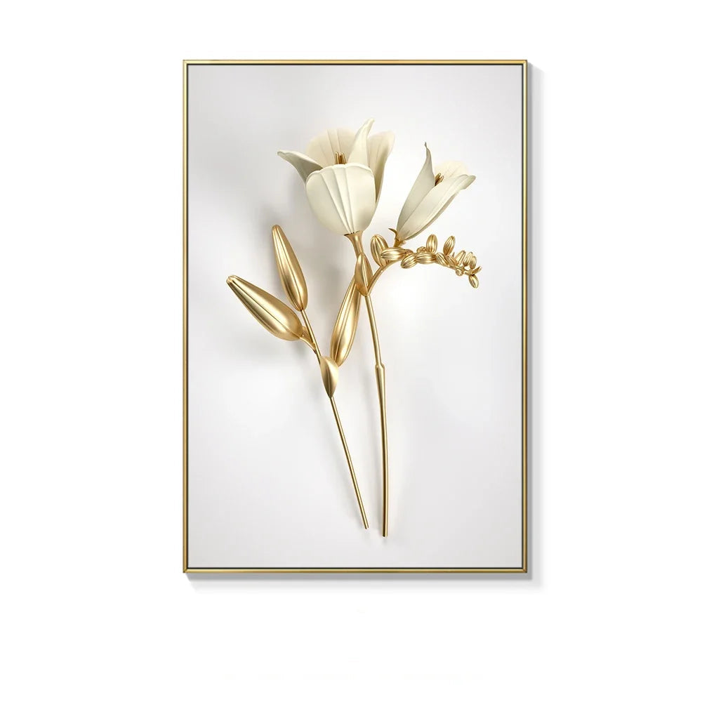Decorative wall art with gold tulips on a white background