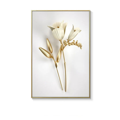Decorative wall art with gold tulips on a white background