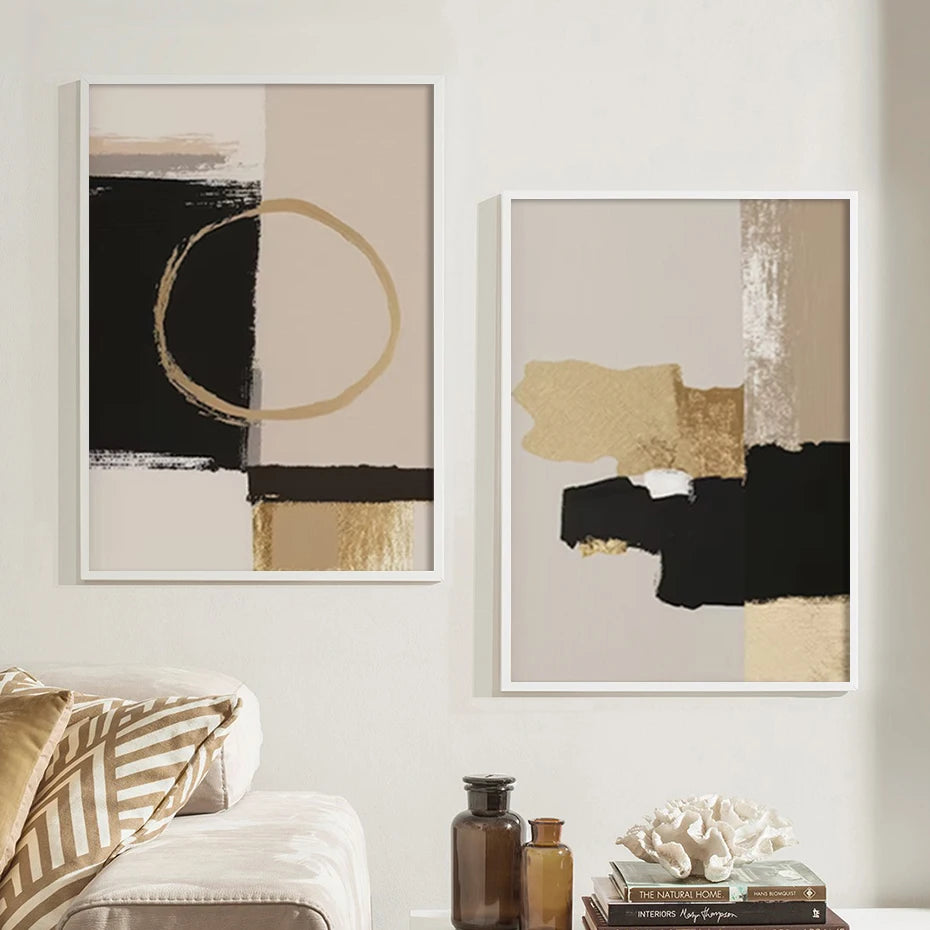 Black Beige Golden Color Block Abstract Wall Art Fine Art Canvas Prints Modern Pictures For Living Room Bedroom Contemporary Interior Decor