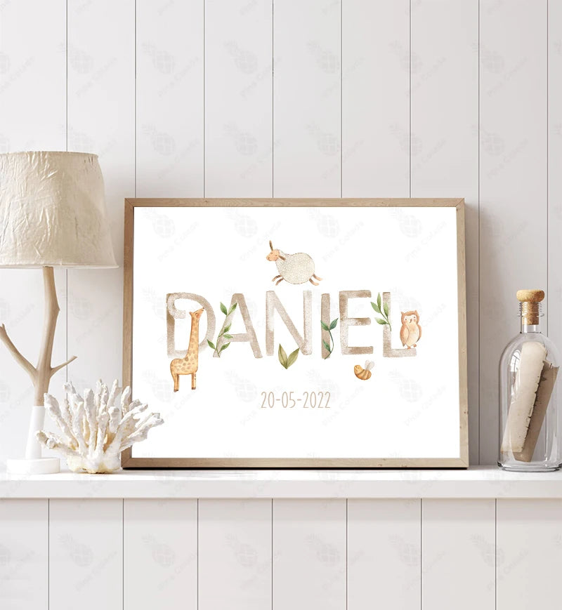 Personalized Baby Name Poster – Customized Cute Animal Nursery Wall Art Canvas Prints for Baby's Room Kids Bedroom Decor & Birthday Gift