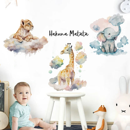 Hakuna Matata Baby's Room Wall Stickers Cute Elephant Lion Giraffe Wall Decals Removable Peel & Stick Wall Vinyl Wall Murals For Kid's Room Decor 