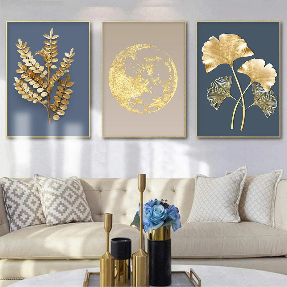 Blue Minimalist Golden Abstract Floral Wall Art Fine Art Canvas Prints Pictures For Luxury Living Room Dining Room Home Office Art Decor