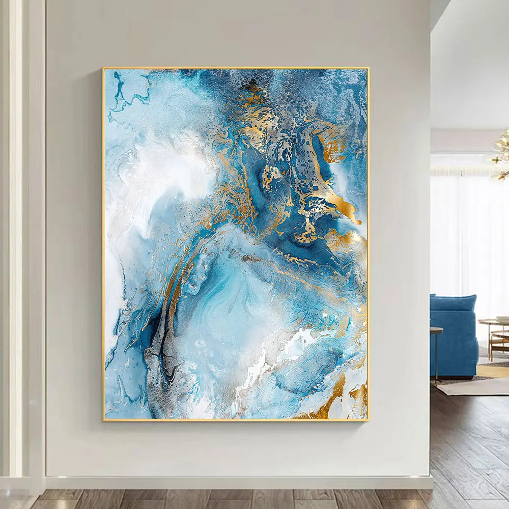 * Featured Sale * Set of 3Pcs Modern Abstract Blue Golden Liquid Marble Wall Art Fine Art Canvas Prints Elegant Pictures For Living Room Decor