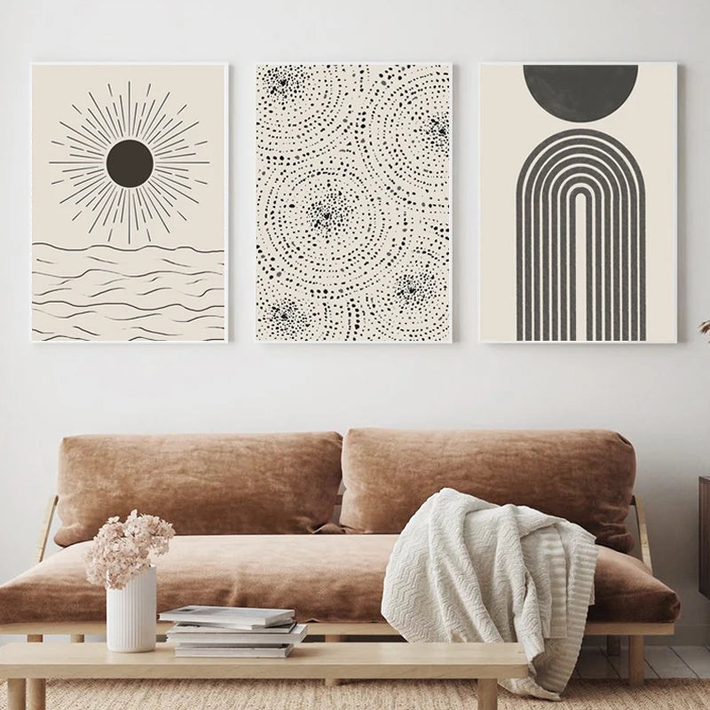 Sun Sea Circles Minimalist Line Art Black White Wall Art Fine Art Canvas Prints Pictures For Modern Living Room Bedroom Home Decor